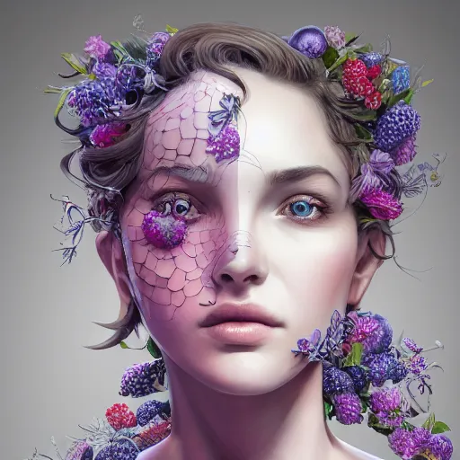 Prompt: the face of an absurdly beautiful, graceful, elegant, sophisticated woman made of blueberries and blackberries, an ultrafine hyperdetailed illustration by kim jung gi, irakli nadar, intricate linework, bright colors, octopath traveler, final fantasy, unreal engine 5 highly rendered, global illumination, radiant light, detailed and intricate environment