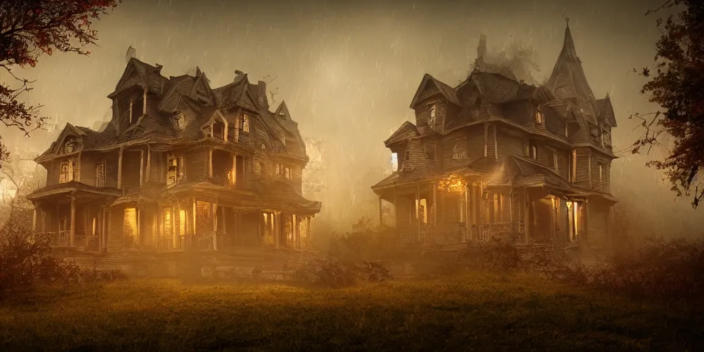 Prompt: creepy view of haunted house with many attractions, fog, rain, volumetric lighting, beautiful, golden hour, sharp focus, highly detailed, cgsociety