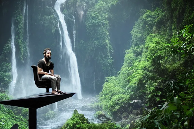 Image similar to movie closeup young man with a grey beard in a cyberpunk suit sitting on a futuristic chair at the edge of a jungle waterfall by emmanuel lubezki