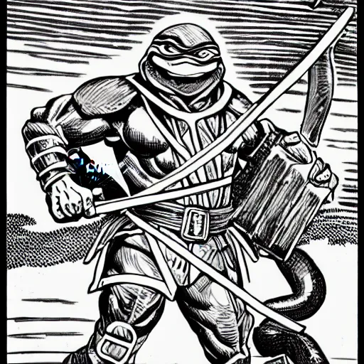 Image similar to Raphael the Ninja Turtle from the Dungeons and Dragons Monster Manual, line art illustration, 1981, high detail