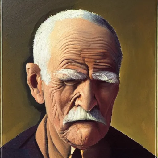 Prompt: detailing character concept portrait of old man by Grant Wood, on simple background, oil painting, middle close up composition