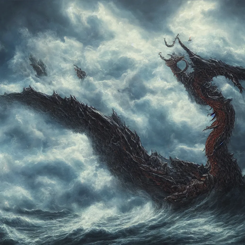 Image similar to a fantasy book style portrait of a giant dragon, stormy sea, giant waves, lightning, small boat, oil painting, 4 k