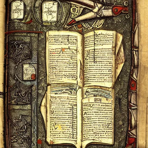 Image similar to 350z in medieval grimoire tome, neural networks, vintage look, weathered pages, spells, demons, high detail,