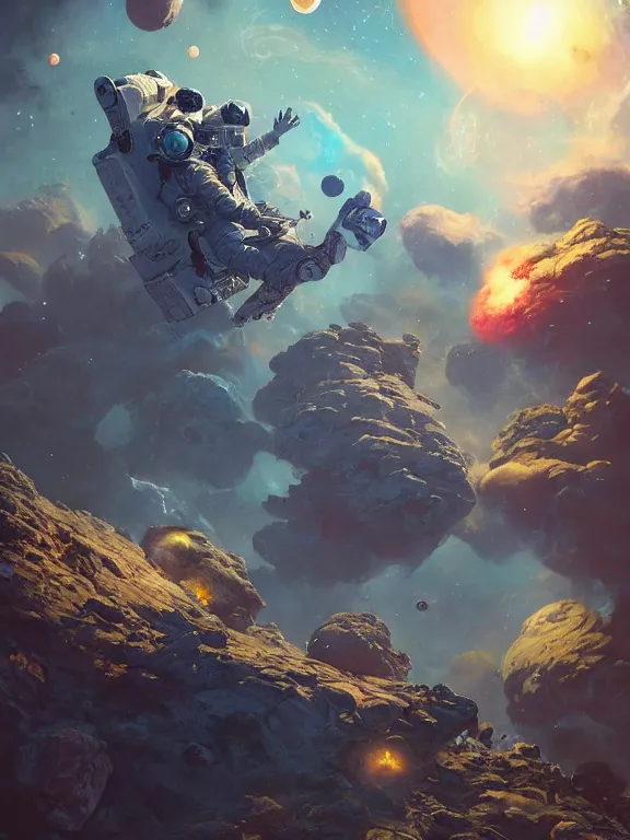 Image similar to photo of 8k ultra realistic astronaut riding an asteroids, nasa, clear sky, full of colour, cinematic lighting, battered, trending on artstation, 4k, hyperrealistic, focused, extreme details,unreal engine 5, cinematic, masterpiece, art by Peter Mohrbacher