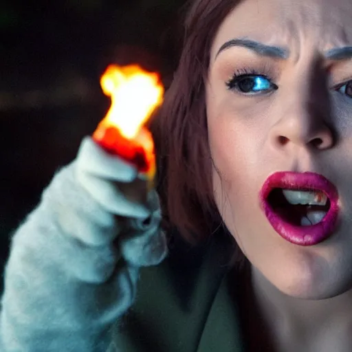 Image similar to photo of a woman blowing fire out of his mouth, movie scene, very real, astonishing, with fire effect