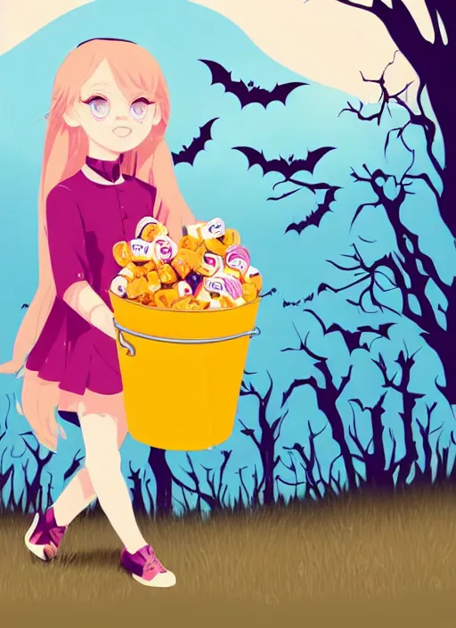 Image similar to three year old girl with long blonde hair in a halloween scene. she is carrying a candy bucket. clean cel shaded vector art. shutterstock. behance hd by lois van baarle, artgerm, helen huang, by makoto shinkai and ilya kuvshinov, rossdraws, illustration, art by ilya kuvshinov