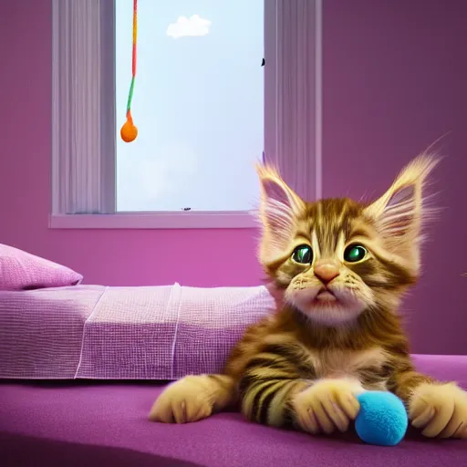 Prompt: eye - level view, in a child's bedroom filled with toys there is a bed under a window with a colorful bedspread. a super cute maine coon kitten runs and jumps and plays with cat toys on the bed. hilarious, funny, back to school comedy, cg animation, 3 d octane render, imax 7 0 mm,