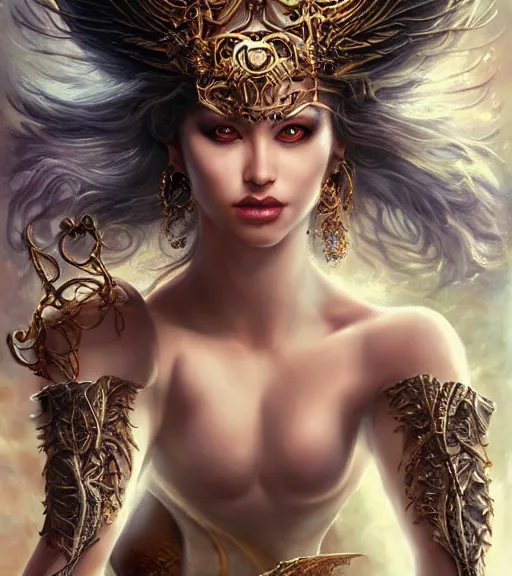 Prompt: a higly detailed full body shot portrait painting of a stunning and sensual female fantasy sorceress with piercing beautiful eyes, dynamic lighting, ambient lighting, deviantart, art by artgerm and karol bak and mark brooks