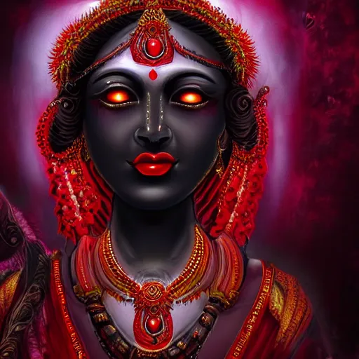 Prompt: beautiful Hindu goddess of the dark with veil, in darkness, cover with a lot of red water, horror terrifying, surreal realistic, photorealistic, hyper details, full HD, 8k!