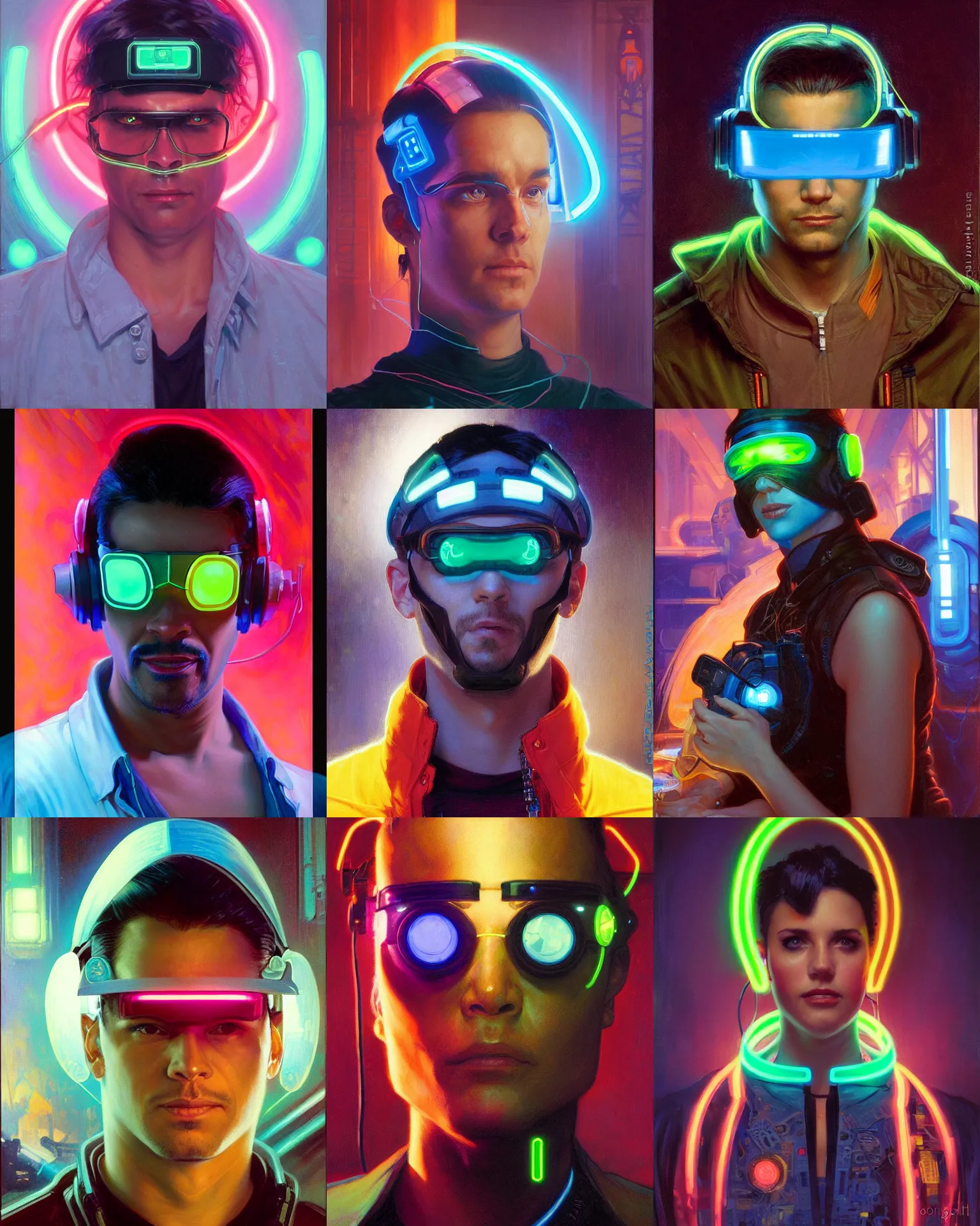 Prompt: neon cyberpunk hacker with glowing geordi visor and headset headshot portrait painting by donato giancola, rhads, loish, alphonse mucha, mead schaeffer fashion photography