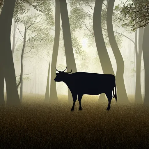 Image similar to Highly realistic painting of a cow standing in the middle of a dark forest, oak trees, fog, moody lighting, volumetric lighting