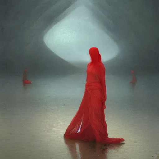 Image similar to shore of the lake, woman, wrapped around by tubes, heavy rain, bones, short black curly hair, glowing red, by edgar maxence and ross tran, zdzisław beksinski, un and michael whelan, distant, gustav dore, h. r. giger, 8 k, octane render