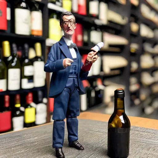 Image similar to detailed jacob rees - mogg action figure, holding wine bottle, smoking a cigar, 5 0 mm photograph