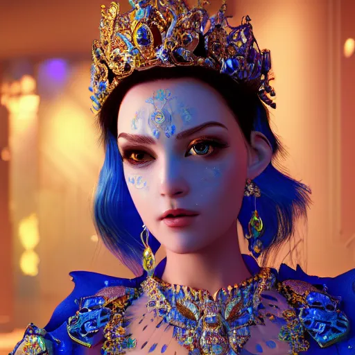 Prompt: princess of sapphire, glowing, ornate and intricate blue jewelry, jaw dropping beauty, glowing background lighting, blue accent lighting, hyper detailed, majestic, 4 k octane render