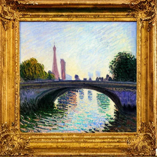 Prompt: young couple standing on a bridge over the seine in paris, claude monet, golden hour, detailed,