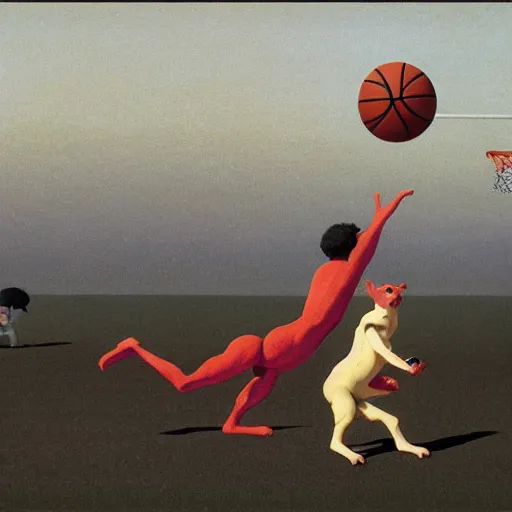 Image similar to action figure animals playing basketball, by kawase hasui, Edward Hopper and James Gilleard, Zdzislaw Beksinski, Steven Outram colorful flat surreal design, hd, 8k, artstation