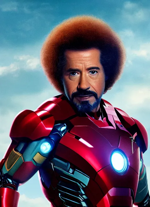 Prompt: film still of Bob Ross as Tony Stark in Iron Man, 4k