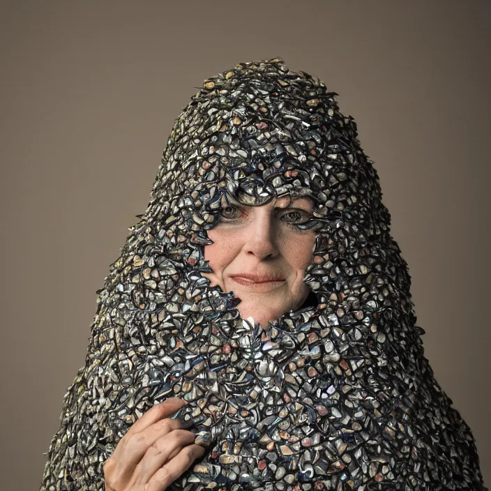 Prompt: a woman wearing a hood made of birds, in an abandoned office building, by helen warner, canon eos c 3 0 0, ƒ 1. 8, 3 5 mm, 8 k, medium - format print