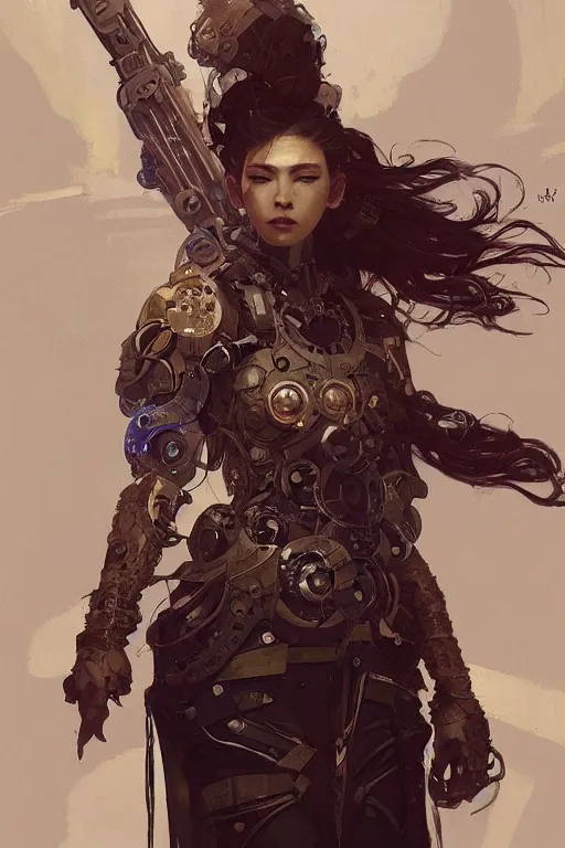 Image similar to A full portrait of a powerful beautiful futuristic dystopian junktown Japanese techromancer sorcerer enchanter, intricate, elegant, highly detailed, digital painting, artstation, concept art, smooth, sharp focus, illustration, art by Krenz Cushart and Artem Demura and alphonse mucha