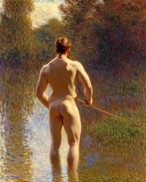 Prompt: attractive fisherman wading through a river, reflective water, painting by tom of finland, gaston bussiere, craig mullins, j. c. leyendecker, claude monet