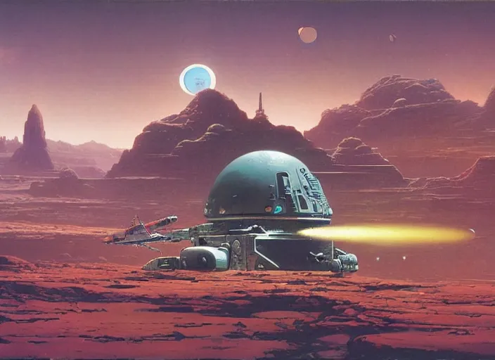 Image similar to a spacecraft in a stunning landscape by martin deschambault, dean ellis, peter elson, josan gonzalez, david a hardy, john harris, wadim kashin, angus mckie, moebius, bruce pennington, vintage 1 9 7 0 s sci - fi art