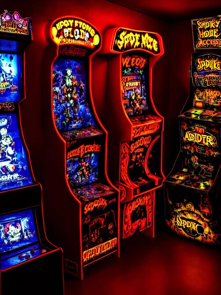 Prompt: haunted arcade machine, spooky, horror, overhead lighting, alluring lights hdr