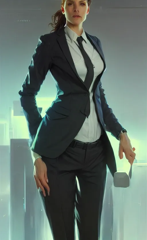 Prompt: Female in office suit, sci-fi, highly detailed, digital painting, artstation, concept art, smooth, sharp focus, illustration, art by artgerm and greg rutkowski and alphonse mucha