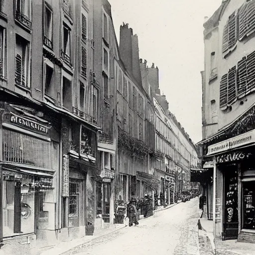 Prompt: une rue de paris vide avec des voitures garees, un restaurant avec une terrasse, des boutiques avec des neons, en debut de matinee ( ( ( en 1 8 5 5 ) ) )