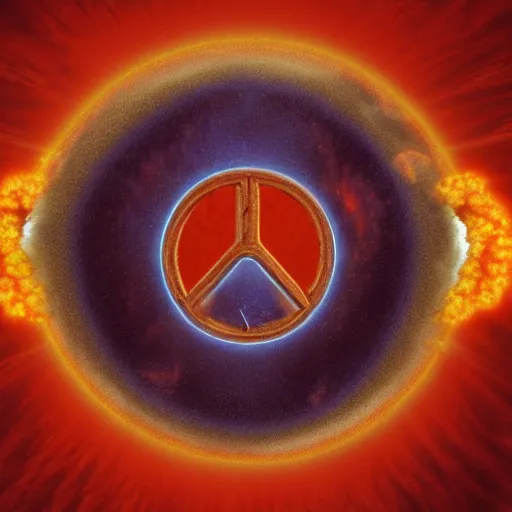 Image similar to a nuclear explosion merging into the shape of a peace sign, in the style of boris vallejo, highly detailed, dieselpunk, high quality, 8 k, path traced