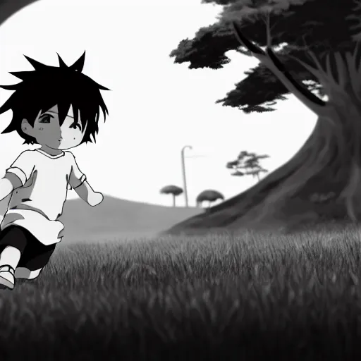 Image similar to black and white toddlers playing. anime style, environmental art animation background, studio ghibli, makoto shinkai
