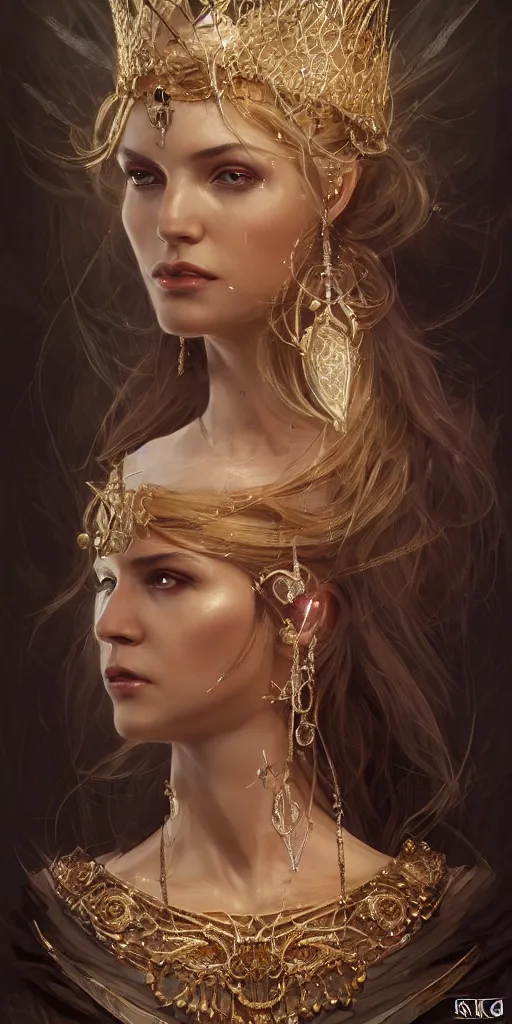 Prompt: realistic character concept of nordic queen with lots of jewelry in the face, elegant pose, scifi, illustration, slender symmetrical face and body, artstation, cinematic lighting, hyperdetailed, cgsociety, 8 k, high resolution, charlie bowater, tom bagshaw, insanely detailed and intricate, beautiful, elegant, golden ratio, dark fractal background, vfx, postprocessing