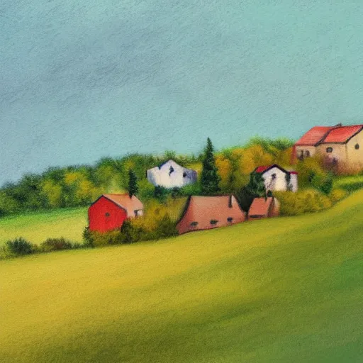 Image similar to new england houses among hills and fields, light pastel style painting