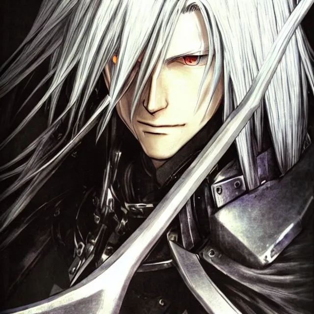 Image similar to Sephiroth illustrated by Akihiko Yoshida, concept art