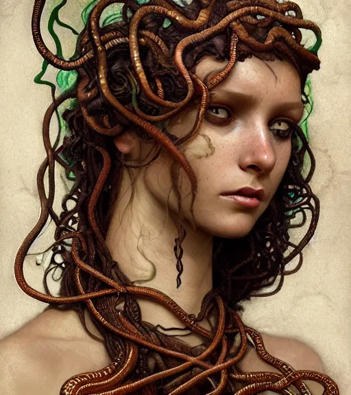Prompt: portrait of alopecia spanish teen medusa, snakes grow from her head, wearing an embroidered rusty tunic, dark background, intricate, elegant, copper and emerald jewelry, glowing lights, highly detailed, digital painting, artstation, concept art, smooth, sharp focus, illustration, art by wlop, mucha, artgerm, and greg rutkowski