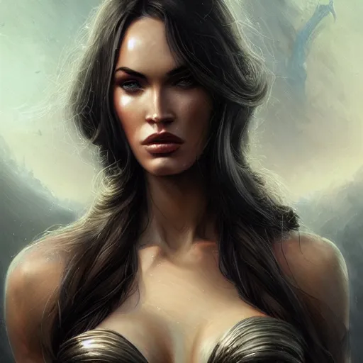 Image similar to portrait of megan fox, muscular upper body, fantasy, intricate, elegant, highly detailed, digital painting, artstation, concept art, matte, sharp focus, illustration, art by aenaluck and roberto ferri and greg rutkowski, epic fantasy, digital painting