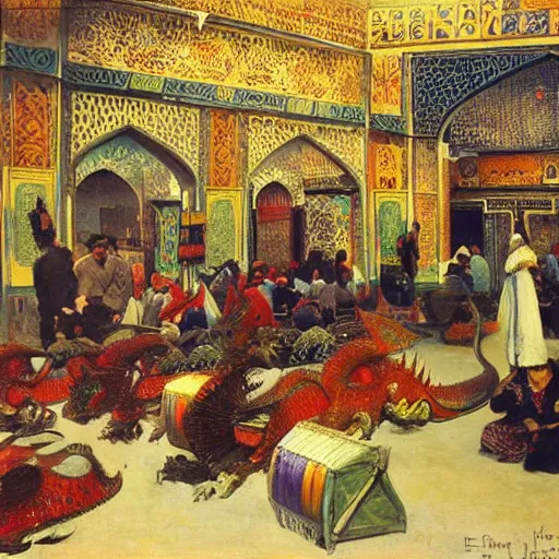 Prompt: dragons on display in a dragon auction in the grand bazaar of isfahan by edwin lord weeks