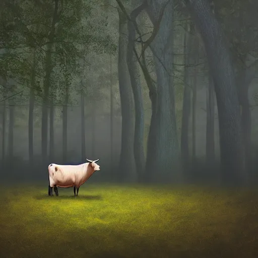 Image similar to Highly realistic painting of a cow standing in the middle of a dark forest, oak trees, fog, moody lighting, volumetric lighting