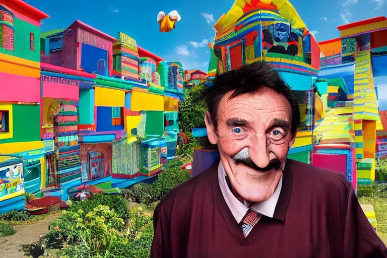 Image similar to Barry Chuckle as neo-Andean architecture by Freddy Mamani, realistic human-building hybrid