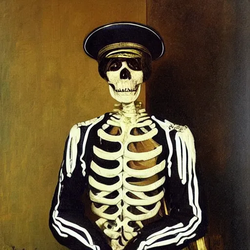 Image similar to A portrait of a skeleton in a Russian Tsar's uniform, painted by Valentin Alexandrovich Serov