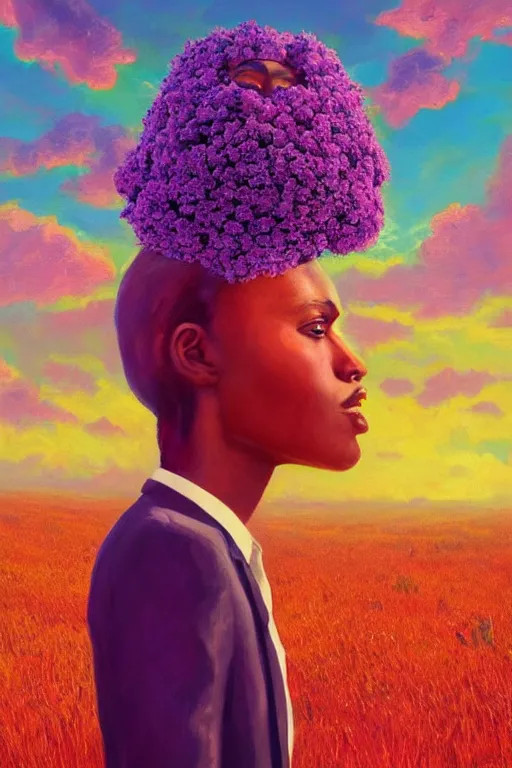 Image similar to portrait, giant flower as head, black woman in suit, surreal photography, golden hour, colorful clouds, impressionist painting, digital painting, artstation, simon stalenhag