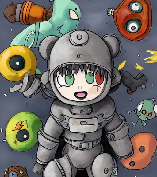 Image similar to beautiful little boy wearing an cyborg bear suit, artwork in kentaro miura and made in abyss and sakimichan, inspired in super bomberman, smooth, beautiful lightness, anatomically correct, trending on pixiv, space