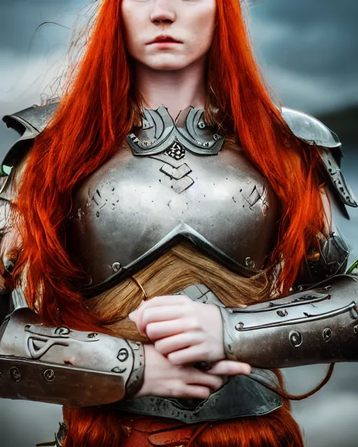 Prompt: north female warrior, red hair, ginger hair, long hair, fantasy, female Viking, high detailed, photography, cloudy, lightweight leather armour, Scandinavia, plain, detailed face, cute face, model, glowing skin, serious face, full body, professional photographer, masterpiece, 8k, 3D