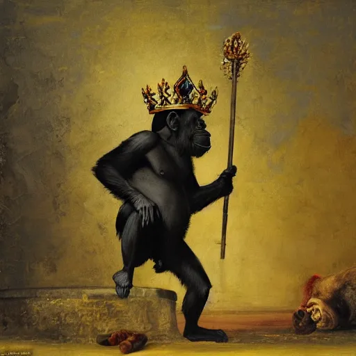 Image similar to A print that features a chimpanzee surrounded by a castle turret. The chimp is shown wearing a crown and holding a scepter, and the castle is adorned with banners. by Maurice Sapiro