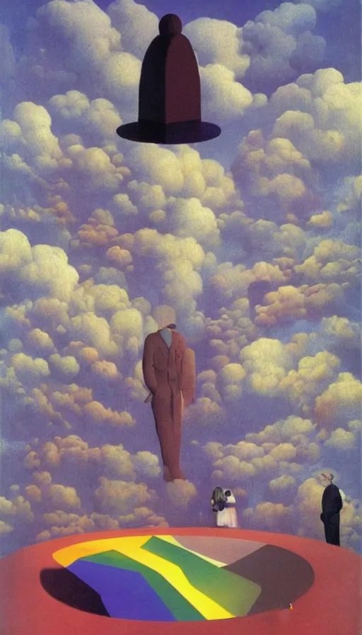 Prompt: mysterious paranoia, maddening knowledge, forbidden information, strange weirdness, rainbow 3 d colors, venetian victorian atmosphere by rene magritte and salvadore dali