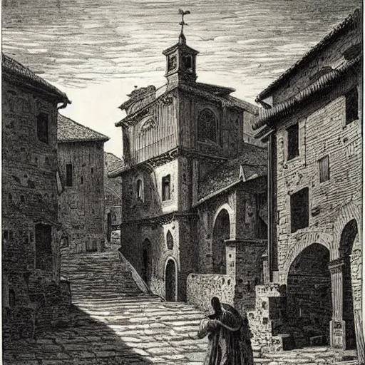 Image similar to medieval italian town, gustave dore lithography