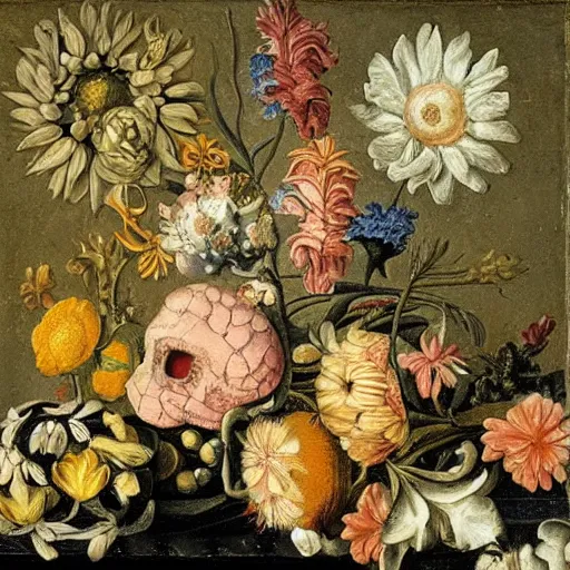 Prompt: Floral still life, germany, 1625, Carpe Diem, Memento Mori, surrealism