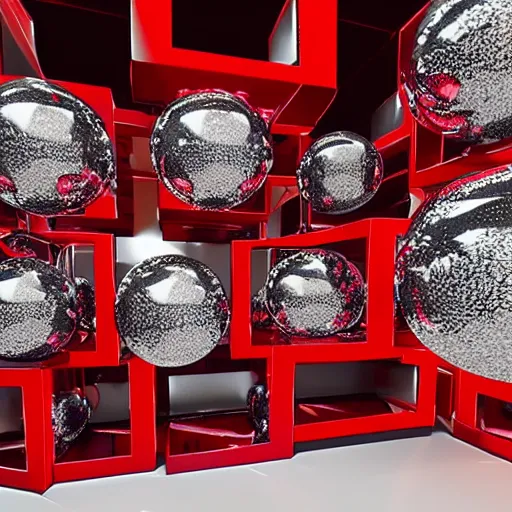 Prompt: chrome spheres on a red cube by thomas de keyser