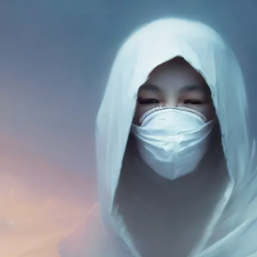 Image similar to epic portrait an hooded woman wearing a mask with closed eyes, broad light, ambient occlusion, volumetric light effect, made by ivan aivazovsky, peter mohrbacher, greg rutkowski, matte painting, trending on artstation, 4 k, perfectly defined features, digital painting,