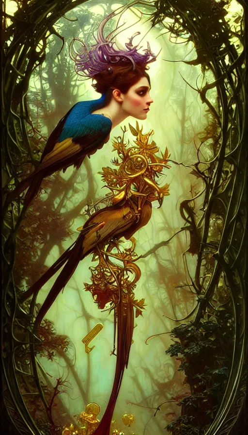 Prompt: consciousness concept art, lush forest, magic, gnarly details, paradise flycatcher, gold, gems, dramatic lighting, denoised, painted by tom bagshaw, alphonse mucha