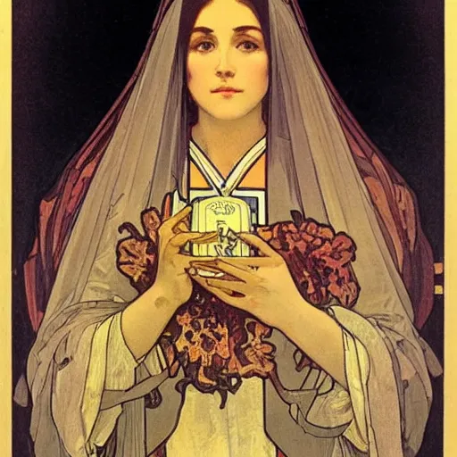 Prompt: 3 / 4 portrait hyper detailed woman priest catholic, elegant, highly detailed, sharp focus, illustration, art by alphonse mucha